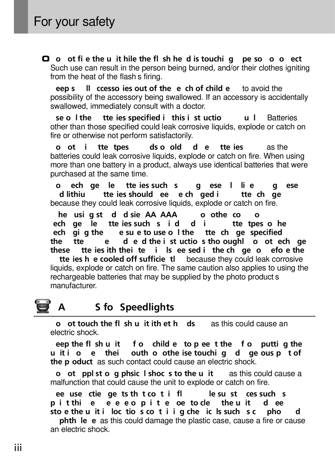 Nikon SB-800 instruction manual For your safety, Iii 