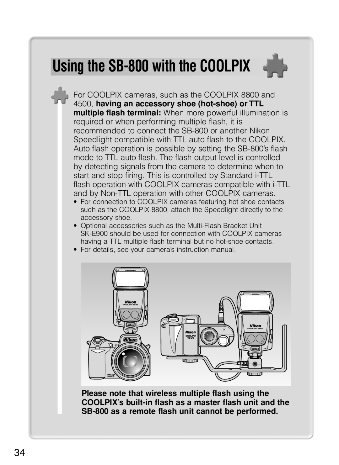 Nikon instruction manual Using the SB-800 with the Coolpix 