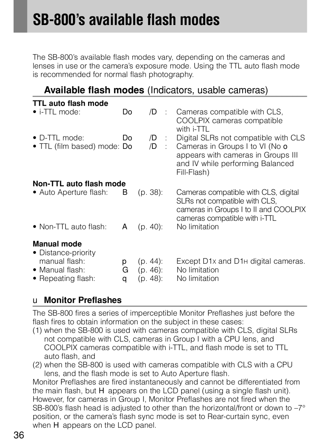 Nikon instruction manual SB-800’s available flash modes, Monitor Preflashes, Non-TTL auto flash mode, Manual mode 