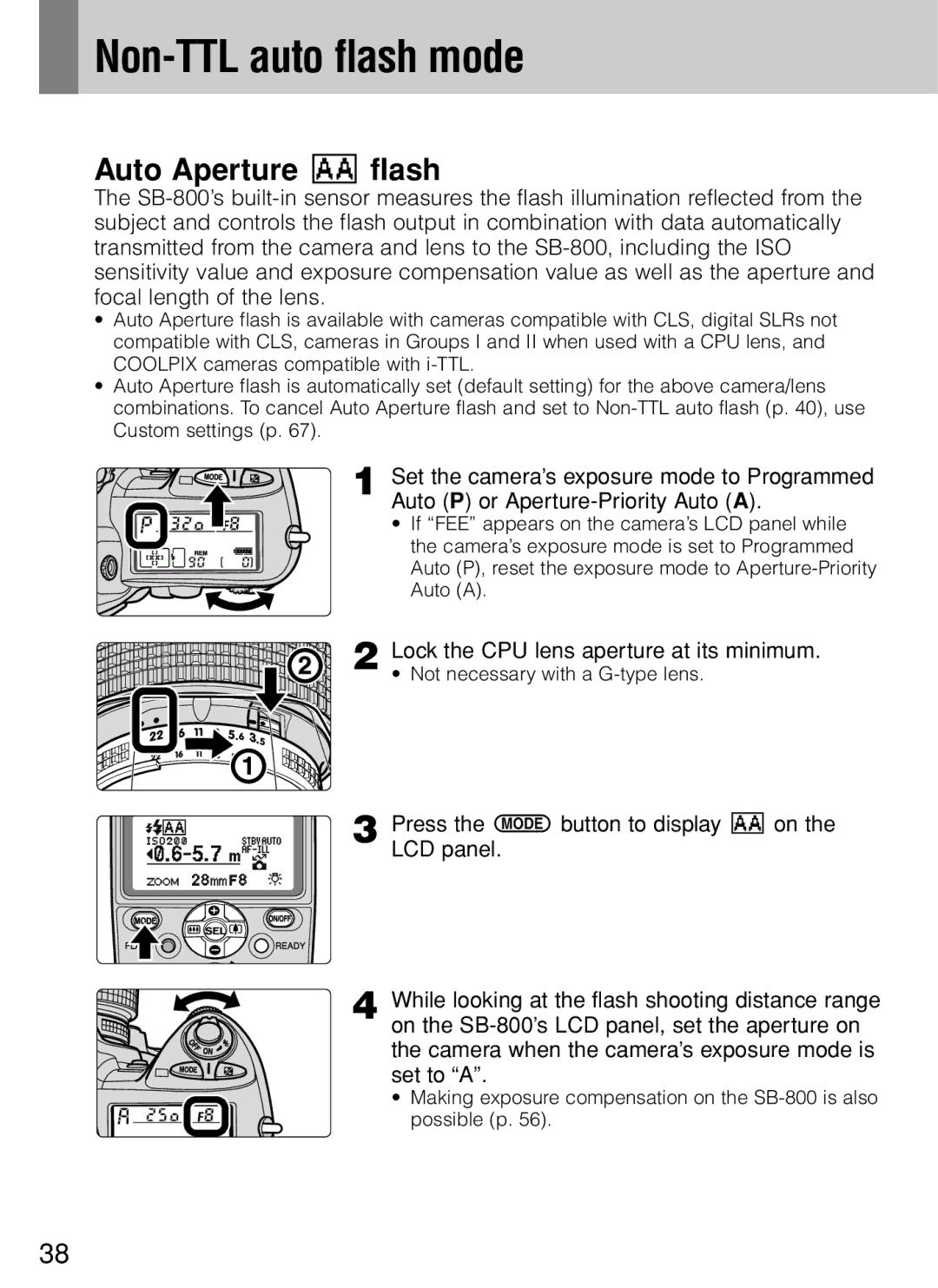 Nikon SB-800 instruction manual Non-TTL auto flash mode, Lock the CPU lens aperture at its minimum 