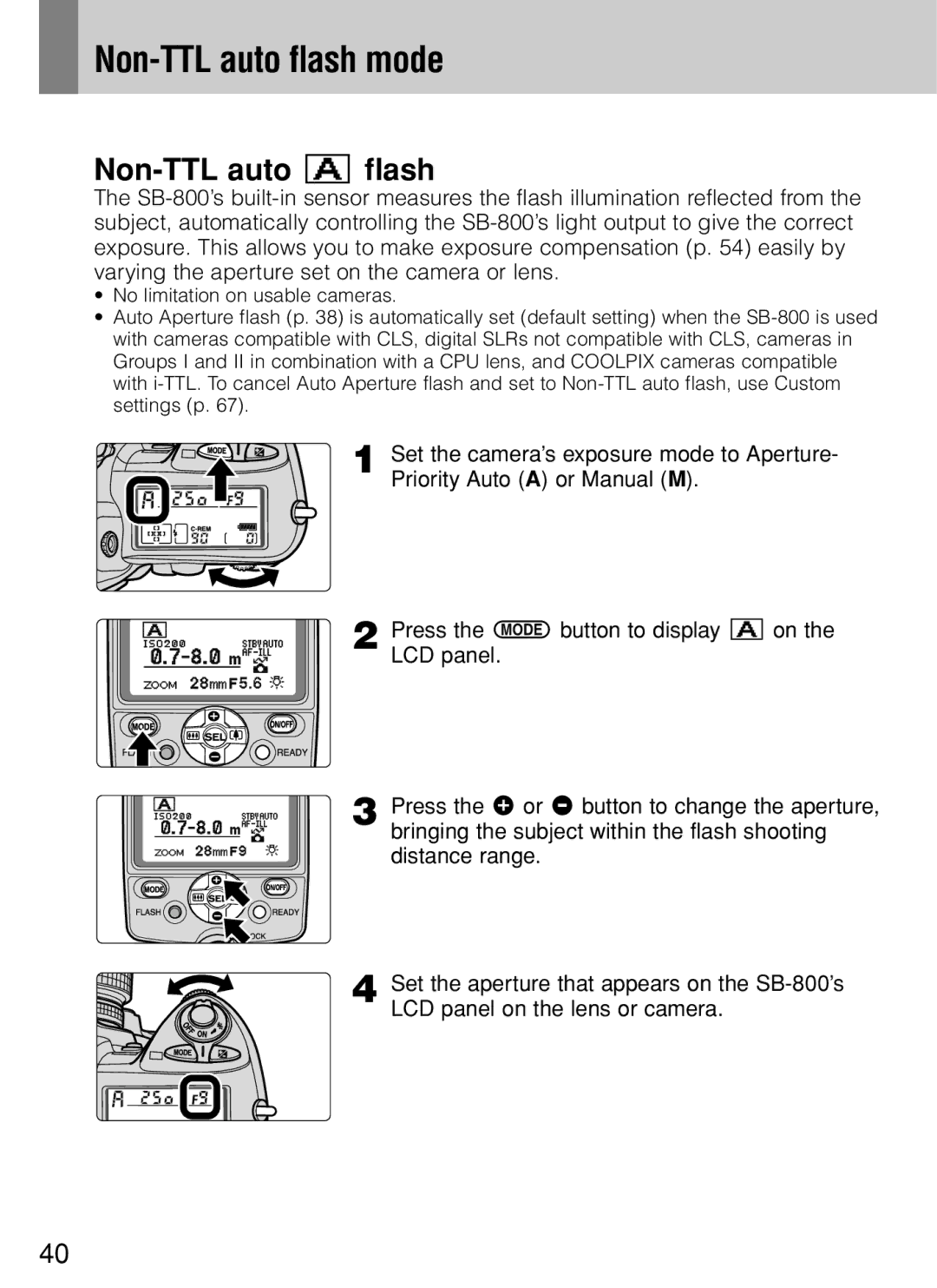 Nikon SB-800 instruction manual Non-TTL auto flash mode, Non-TTL auto a flash 