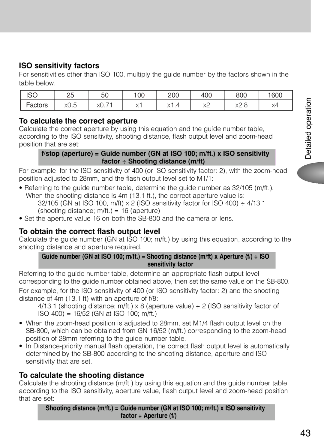 Nikon SB-800 ISO sensitivity factors, To calculate the correct aperture, To obtain the correct flash output level 