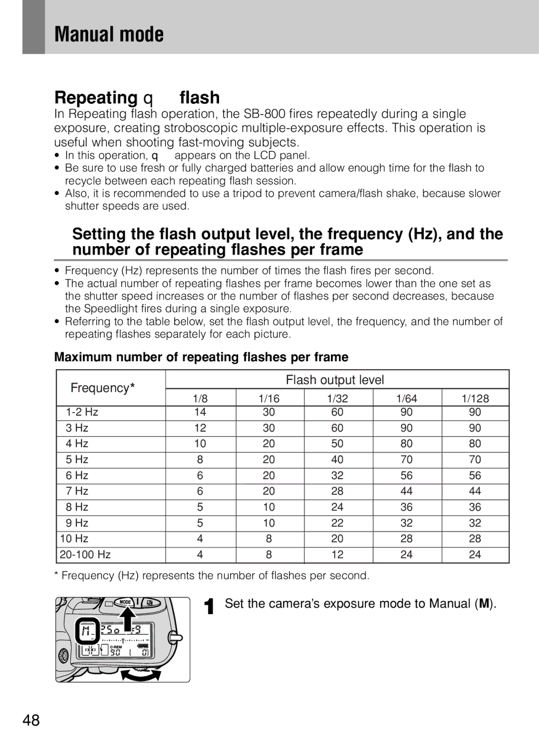 Nikon SB-800 instruction manual Maximum number of repeating flashes per frame, Frequency Flash output level 