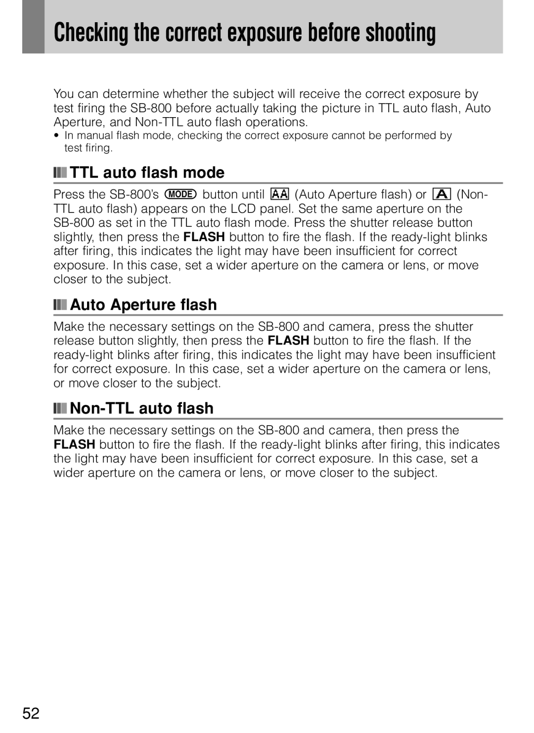 Nikon SB-800 instruction manual TTL auto flash mode, Auto Aperture flash, Non-TTL auto flash 