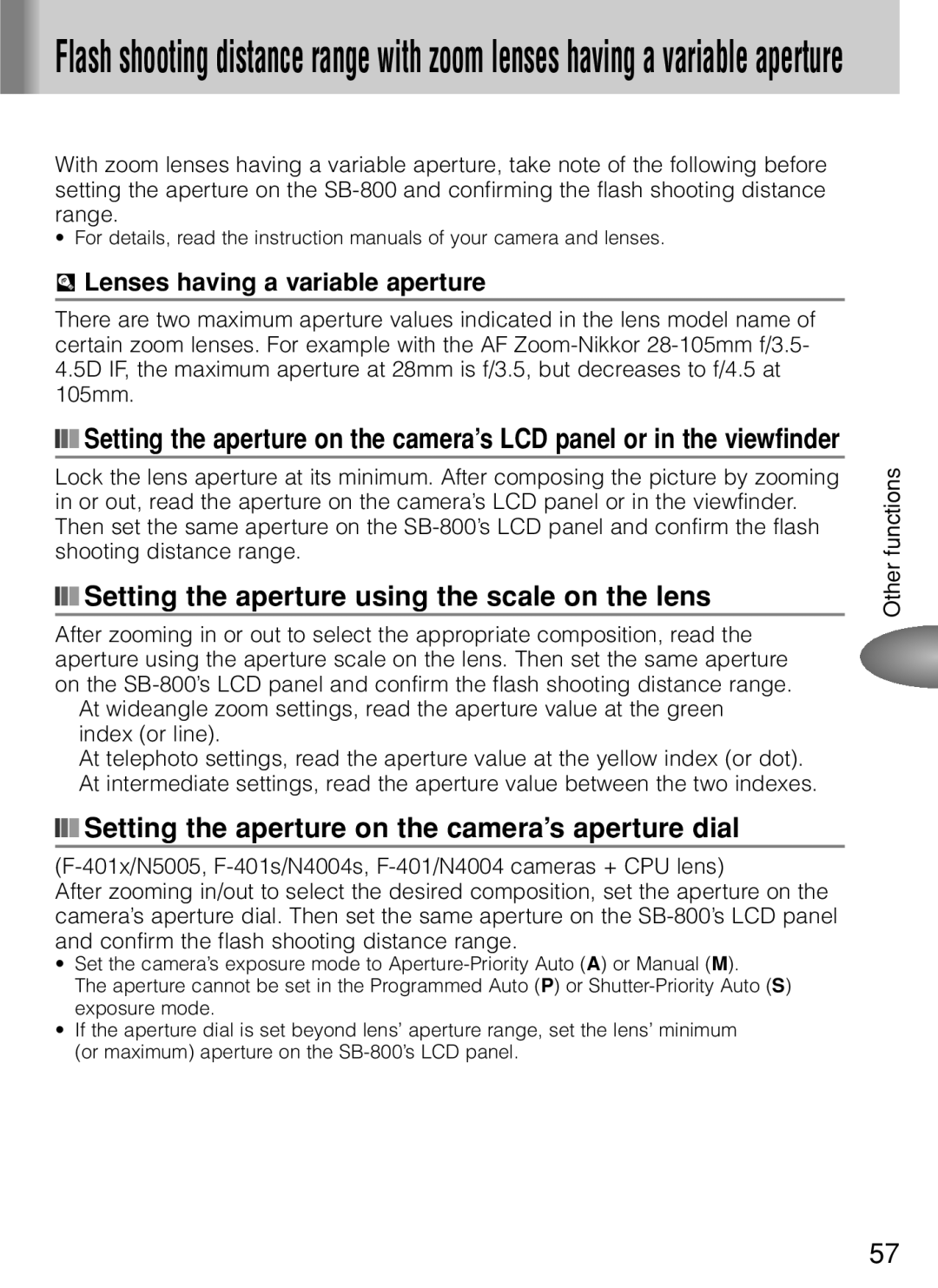 Nikon SB-800 Setting the aperture using the scale on the lens, Setting the aperture on the camera’s aperture dial 