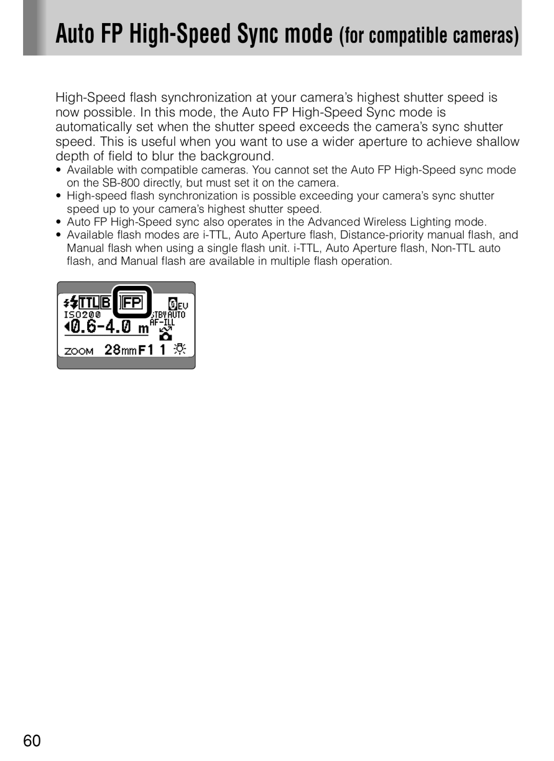 Nikon SB-800 instruction manual Auto FP High-Speed Sync mode for compatible cameras 