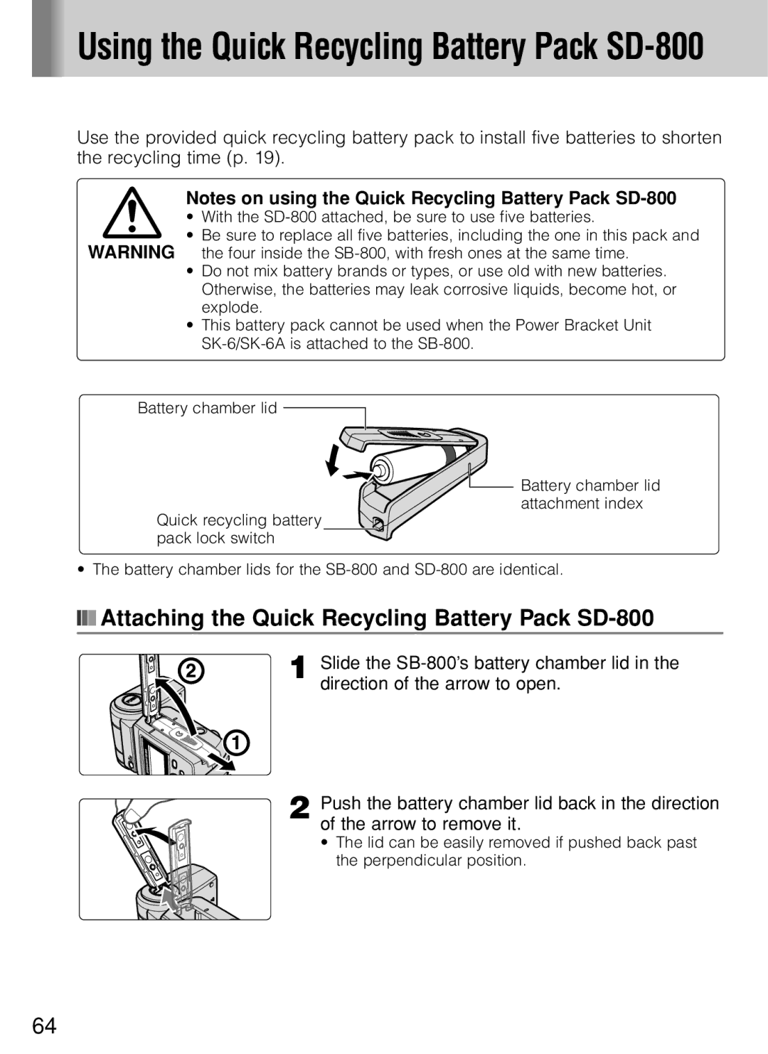 Nikon SB-800 Using the Quick Recycling Battery Pack SD-800, Attaching the Quick Recycling Battery Pack SD-800 