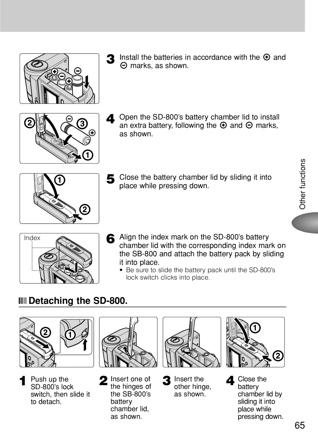 Nikon SB-800 instruction manual Detaching the SD-800, Align the index mark on the SD-800’s battery, It into place 