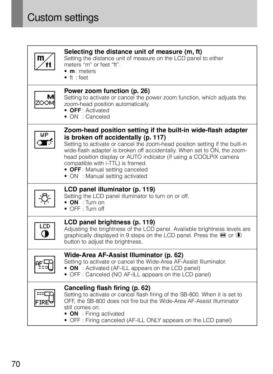 Nikon SB-800 instruction manual Custom settings 