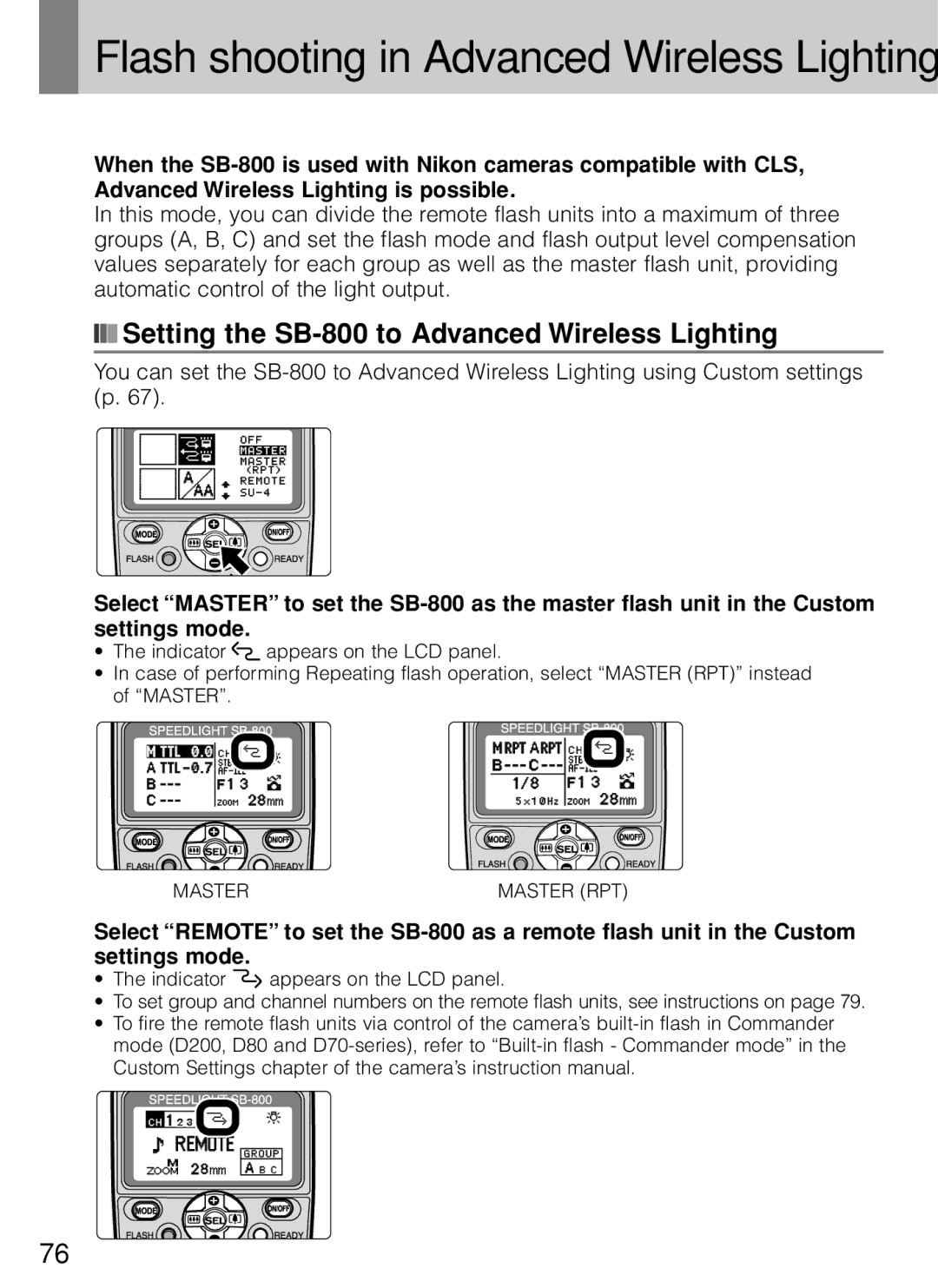 Nikon instruction manual Flash shooting in Advanced Wireless Lighting, Setting the SB-800 to Advanced Wireless Lighting 