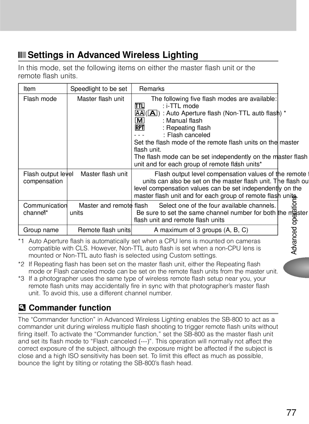 Nikon SB-800 instruction manual Settings in Advanced Wireless Lighting, Commander function, Speedlight to be set Remarks 