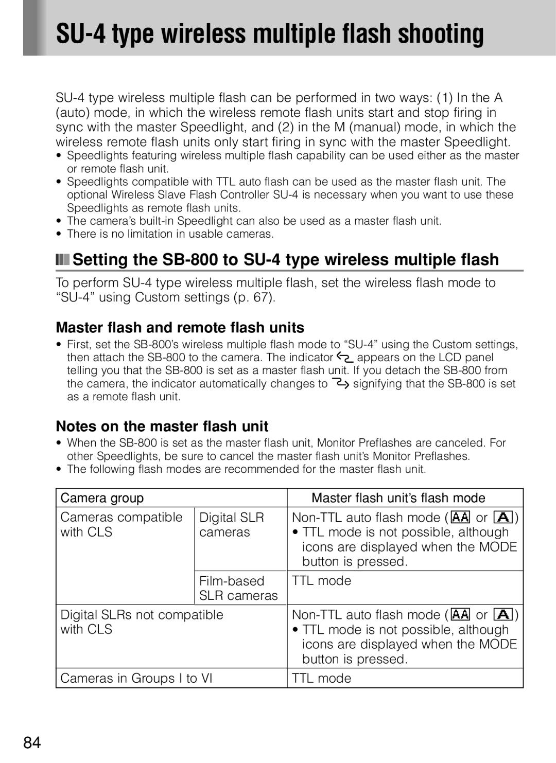 Nikon instruction manual Setting the SB-800 to SU-4 type wireless multiple flash, Master flash and remote flash units 