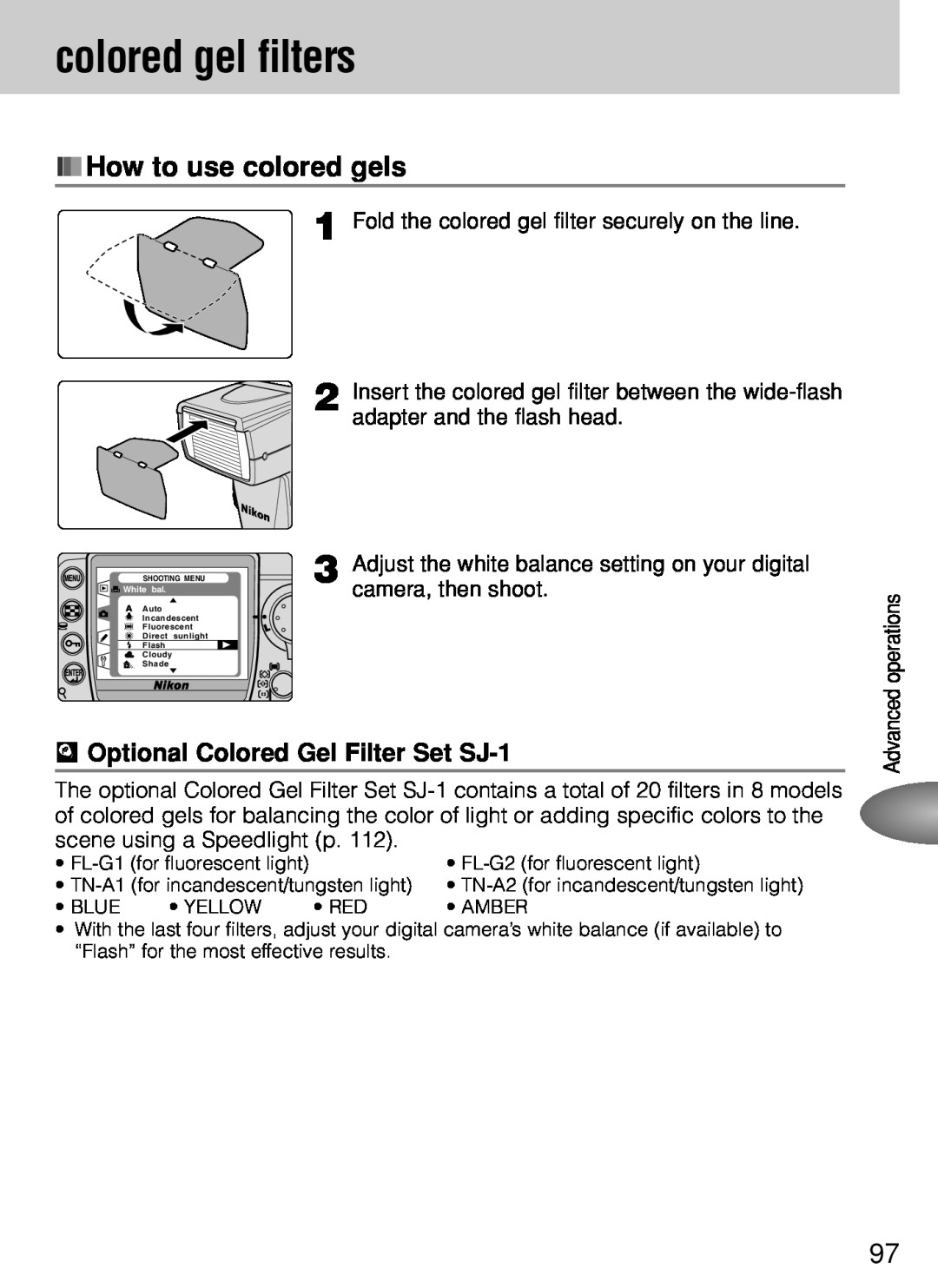 Nikon SB-800 instruction manual colored gel filters, How to use colored gels, u Optional Colored Gel Filter Set SJ-1 