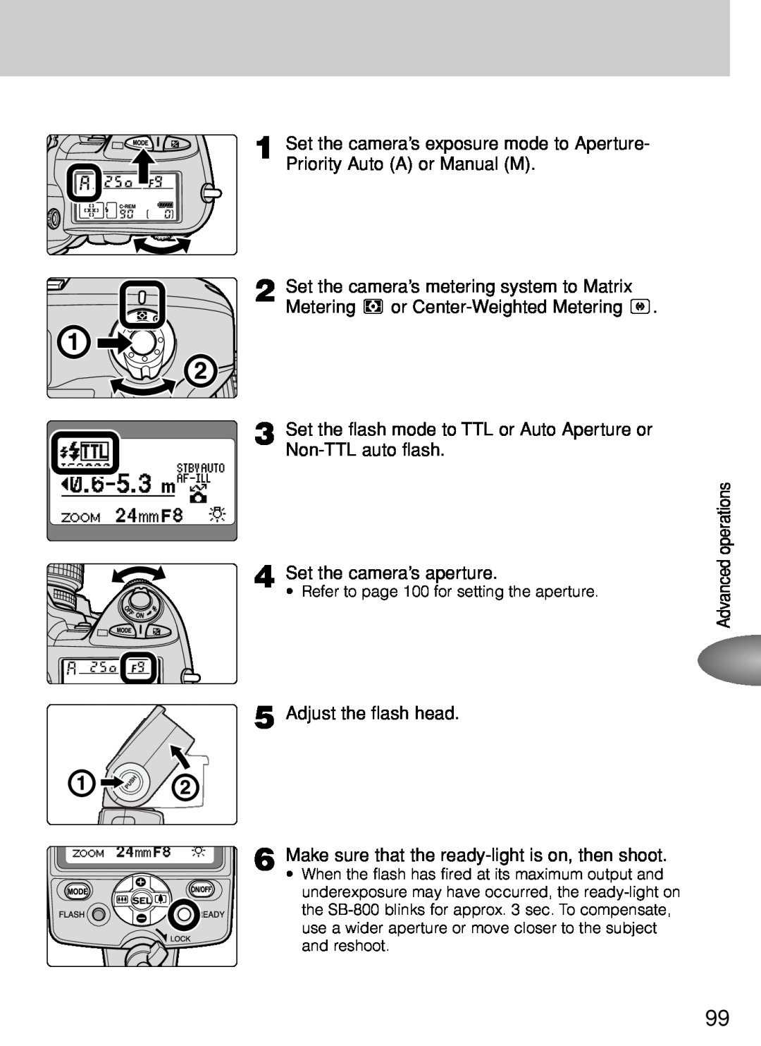 Nikon SB-800 instruction manual Set the flash mode to TTL or Auto Aperture or Non-TTL auto flash 
