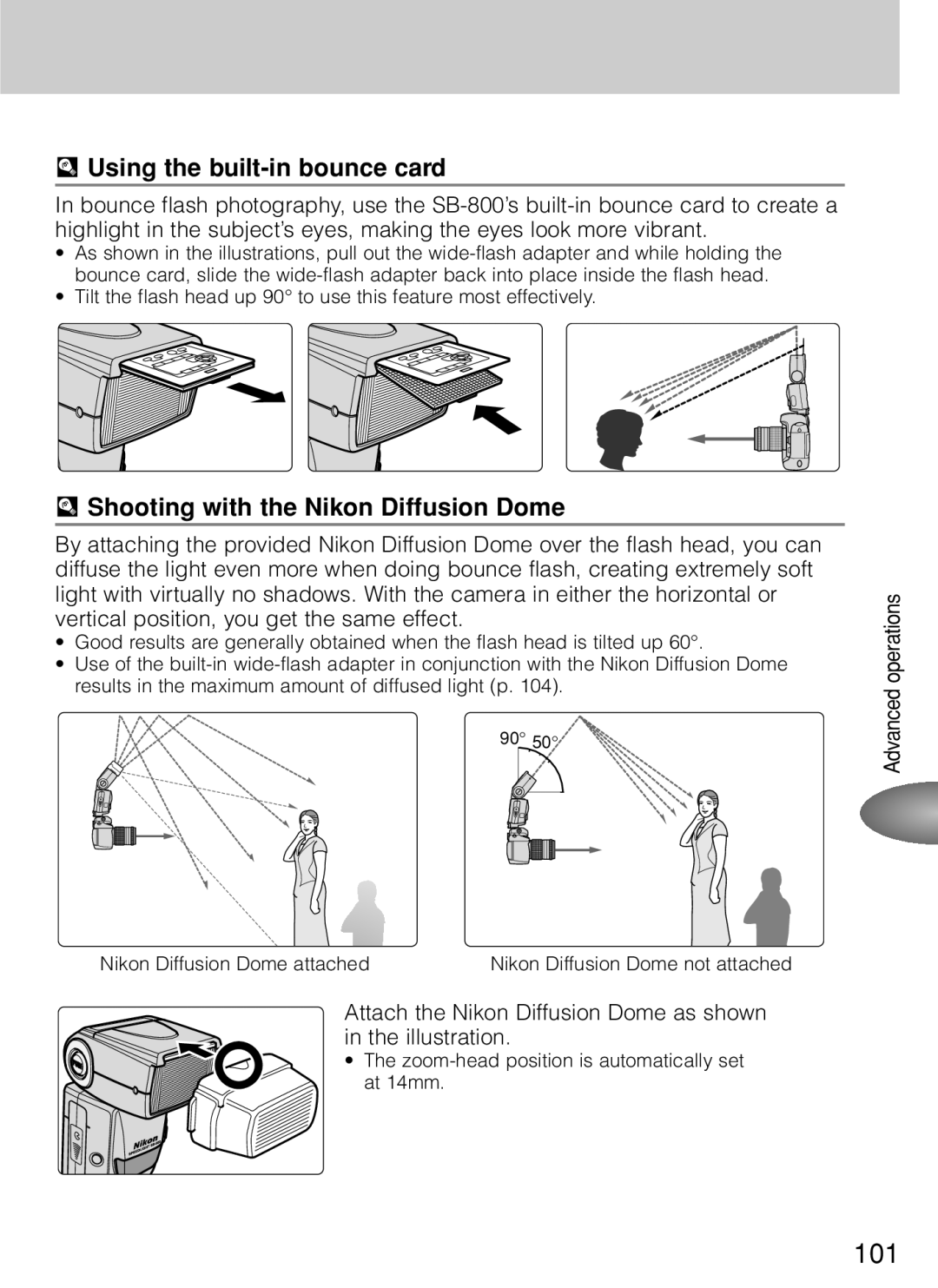 Nikon SB-800 instruction manual u Using the built-in bounce card, u Shooting with the Nikon Diffusion Dome 