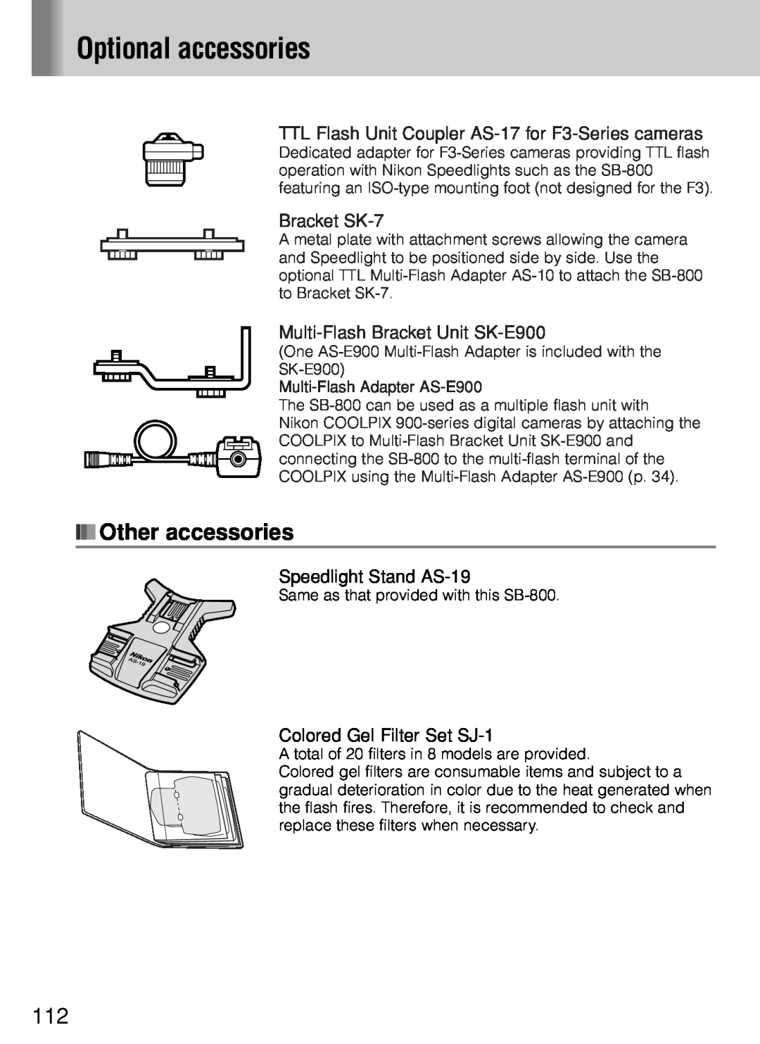 Nikon SB-800 instruction manual Optional accessories, Other accessories 