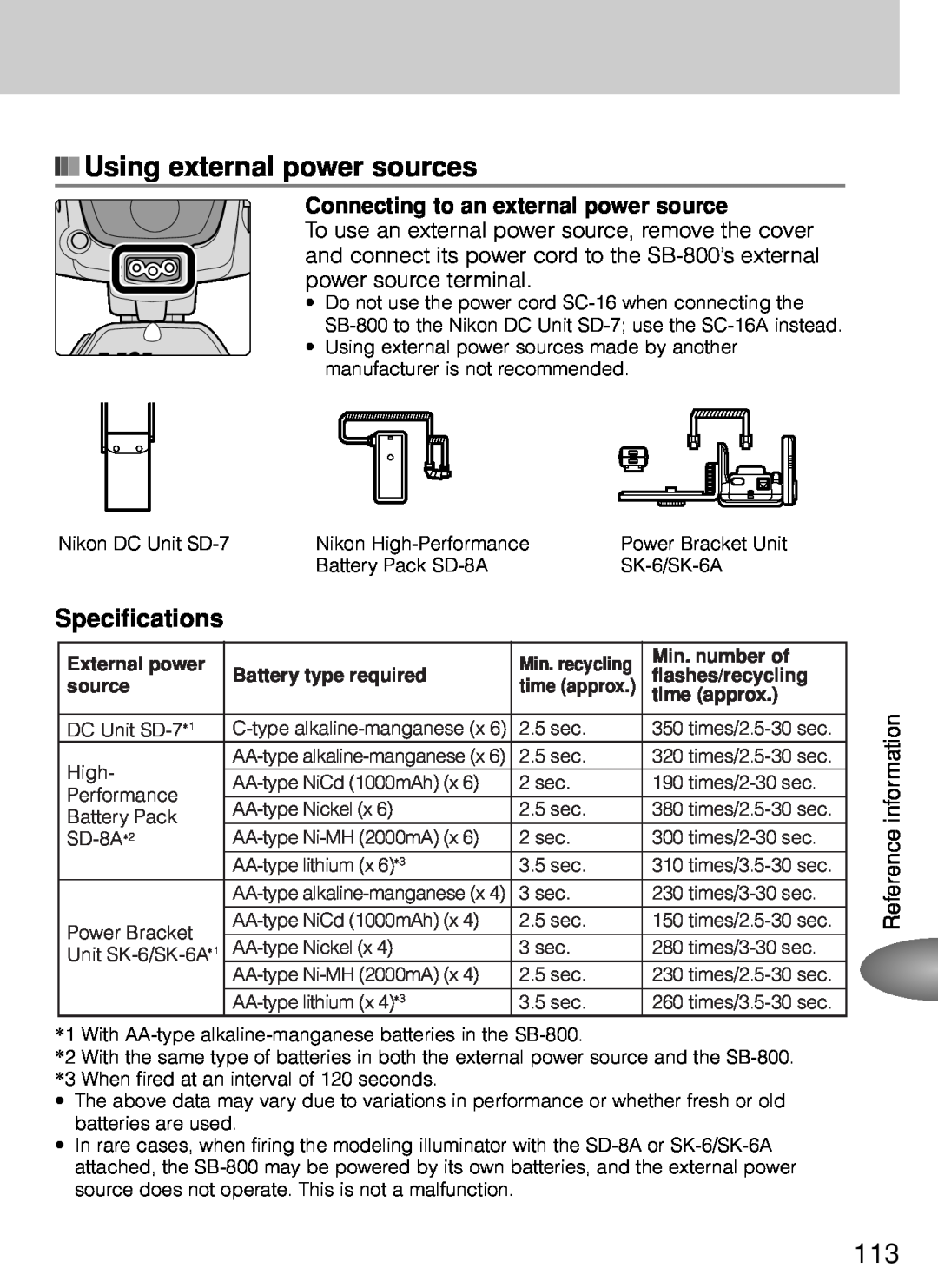 Nikon SB-800 Using external power sources, Specifications, Connecting to an external power source, External power 