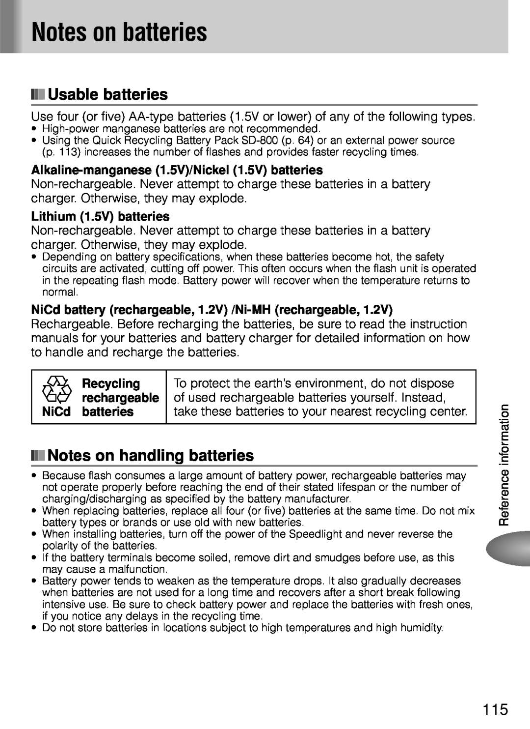 Nikon SB-800 Notes on batteries, Usable batteries, Notes on handling batteries, Lithium 1.5V batteries, Recycling 