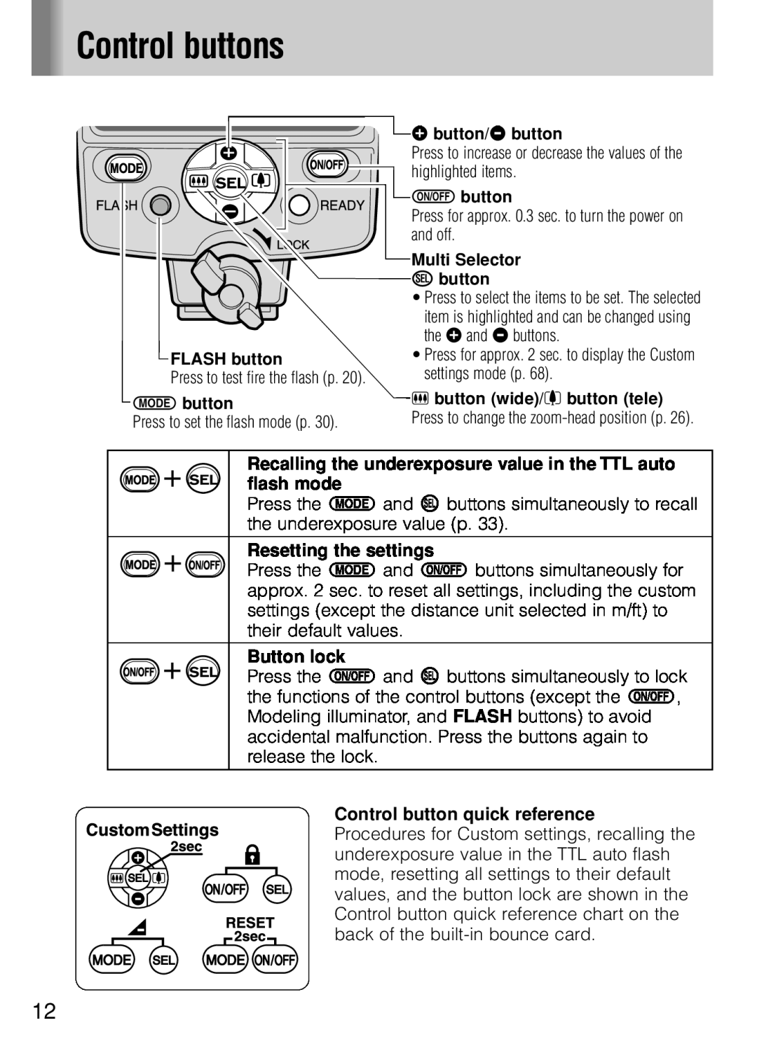 Nikon SB-800 instruction manual Press to set the flash mode p, Control buttons, Button lock, Resetting the settings 
