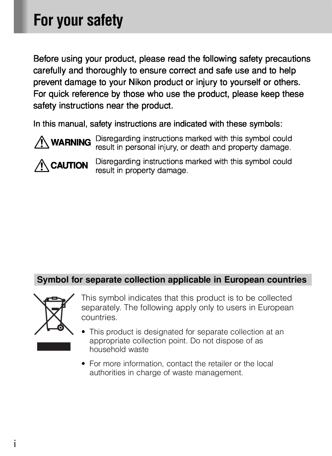Nikon SB-800 instruction manual For your safety, Symbol for separate collection applicable in European countries 
