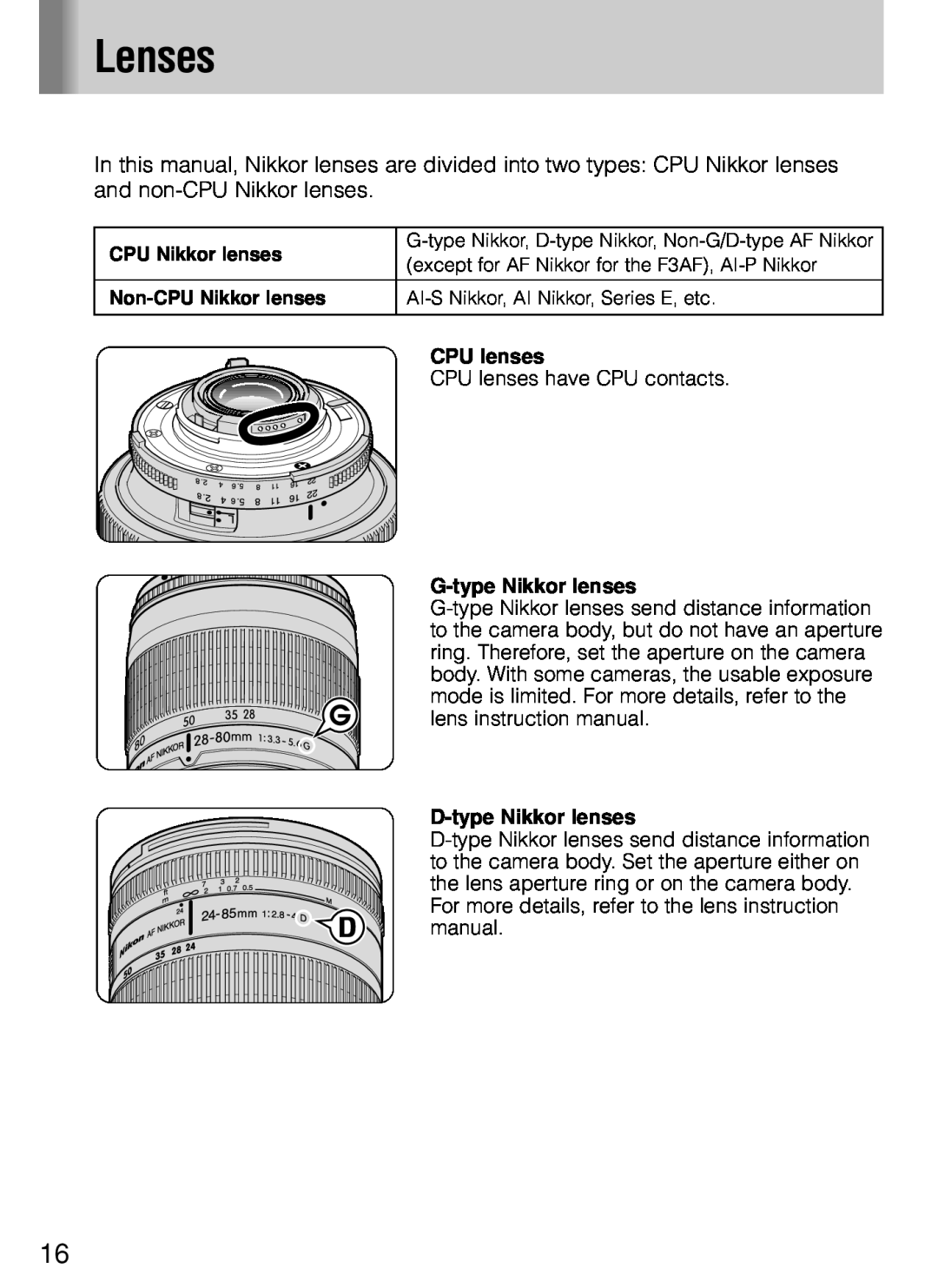 Nikon SB-800 instruction manual Lenses, CPU lenses, G-type Nikkor lenses, D-type Nikkor lenses 