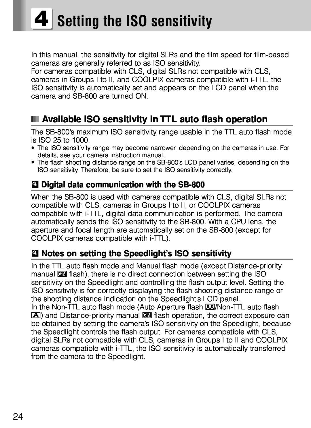 Nikon SB-800 instruction manual Setting the ISO sensitivity, Available ISO sensitivity in TTL auto flash operation 