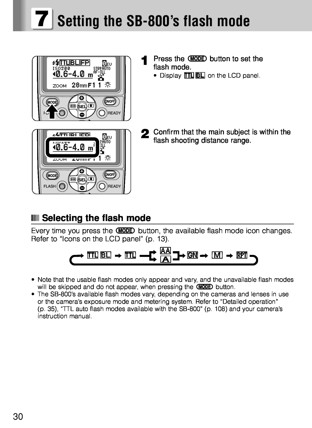 Nikon instruction manual Setting the SB-800’s flash mode, Selecting the flash mode 