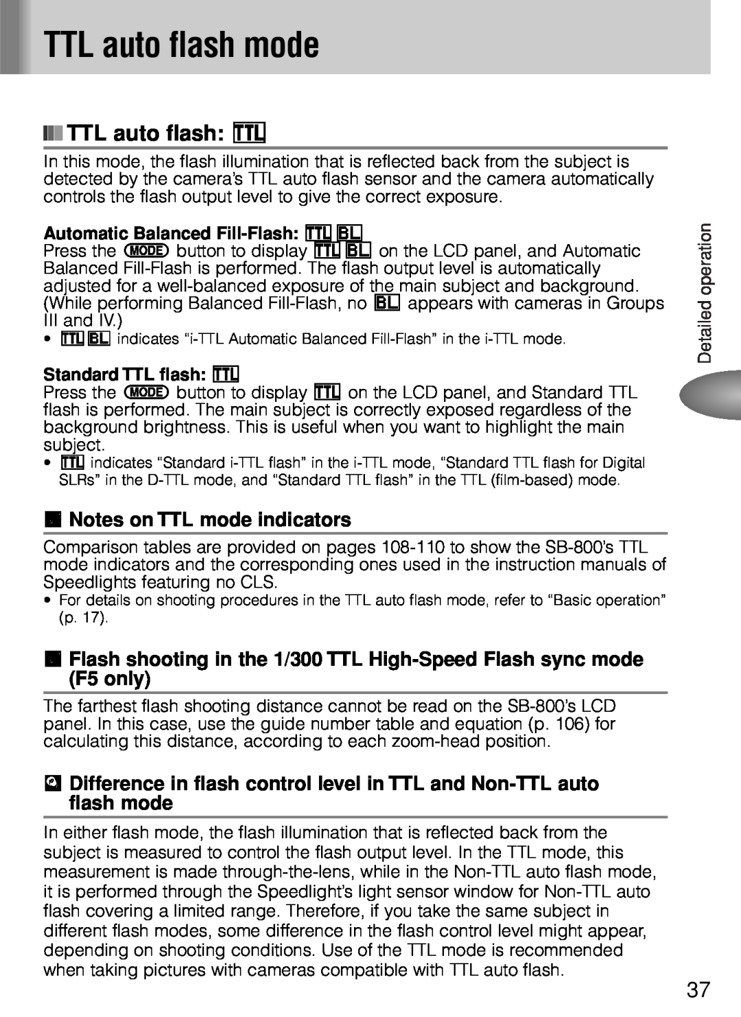 Nikon SB-800 TTL auto flash mode, TTL auto flash D, t Notes on TTL mode indicators, Automatic Balanced Fill-Flash Do 