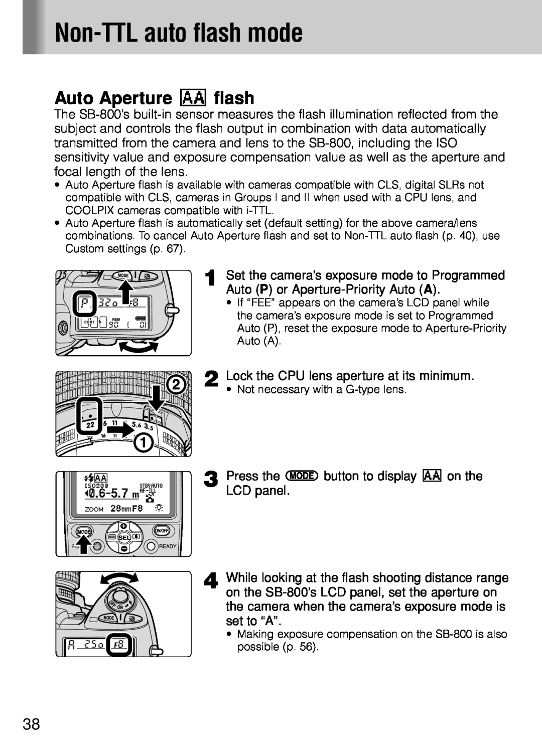 Nikon SB-800 instruction manual Non-TTL auto flash mode, Auto Aperture B flash 