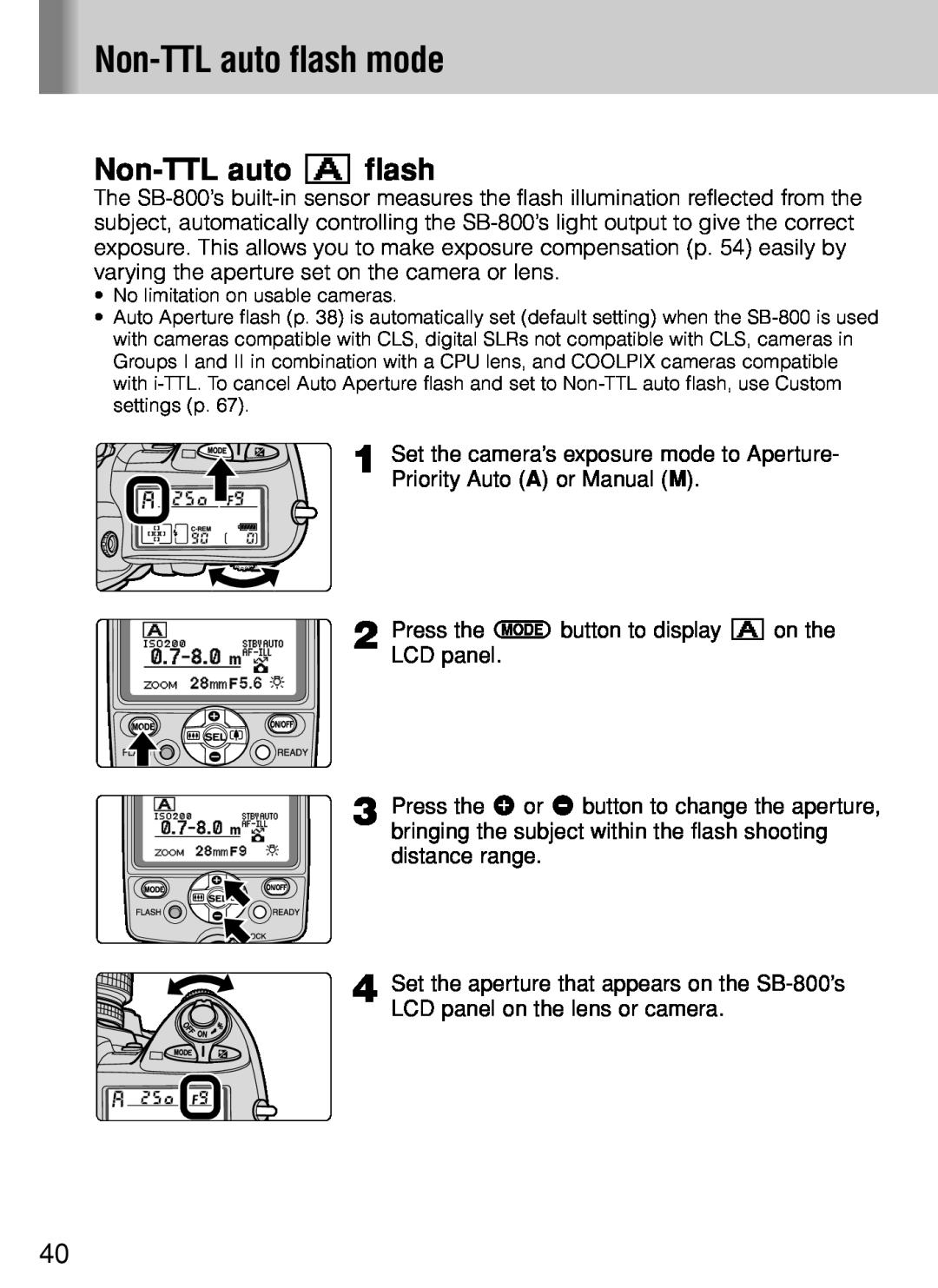 Nikon SB-800 instruction manual Non-TTL auto flash mode, Non-TTL auto A flash 