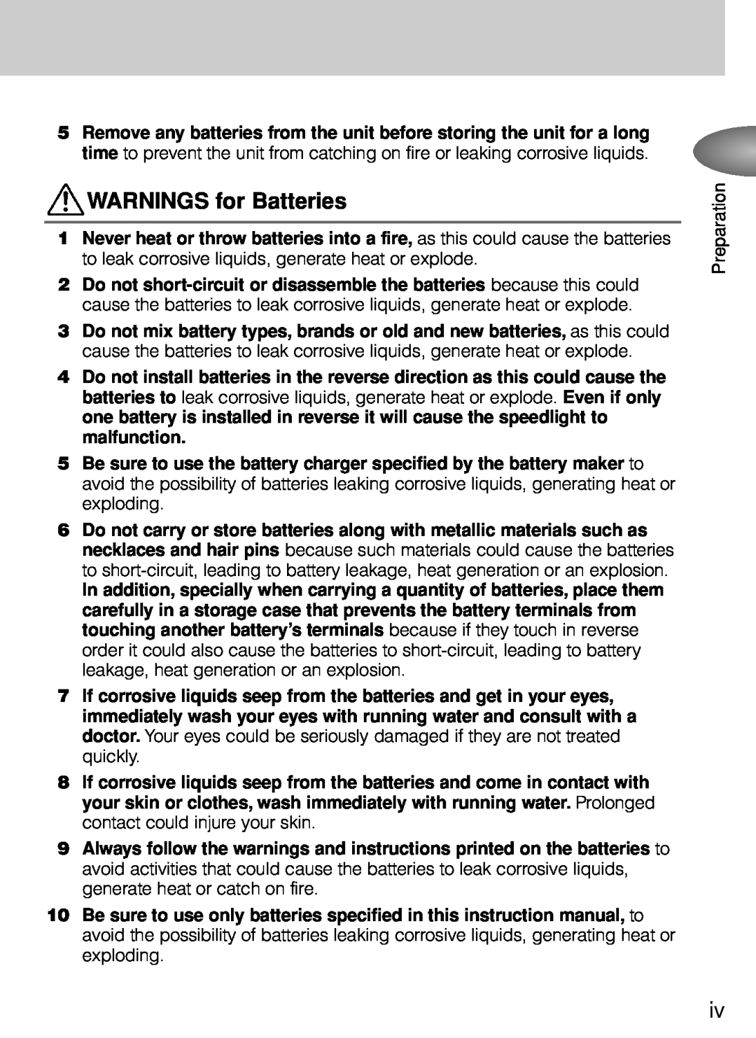Nikon SB-800 instruction manual WARNINGS for Batteries 