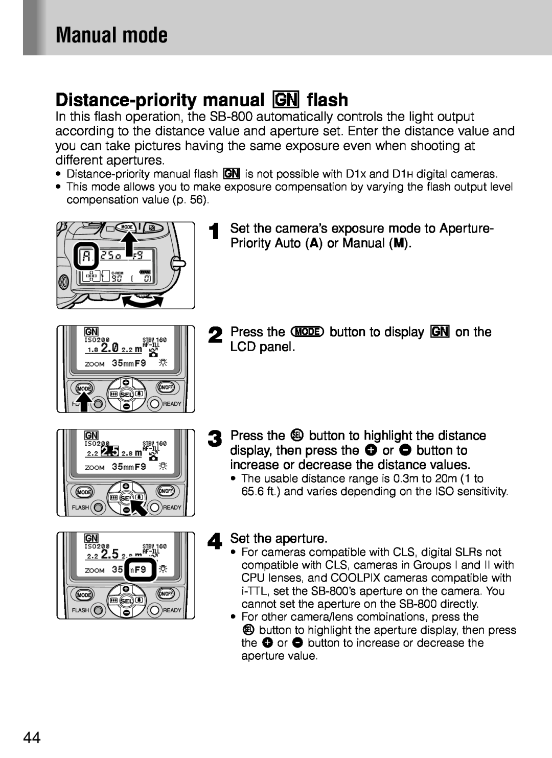 Nikon SB-800 instruction manual Manual mode, Distance-priority manual p flash 