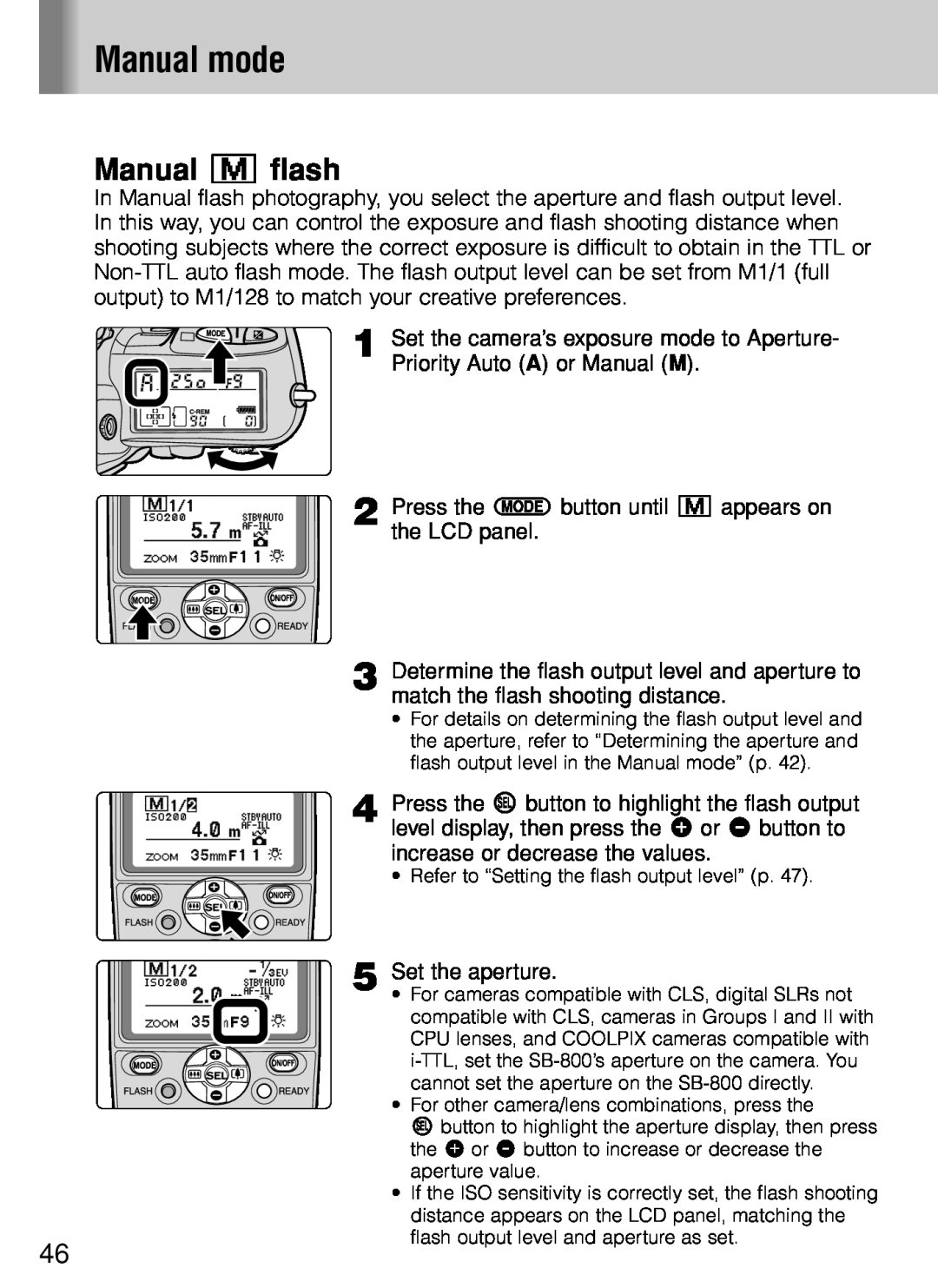 Nikon SB-800 instruction manual Manual G flash, Manual mode 