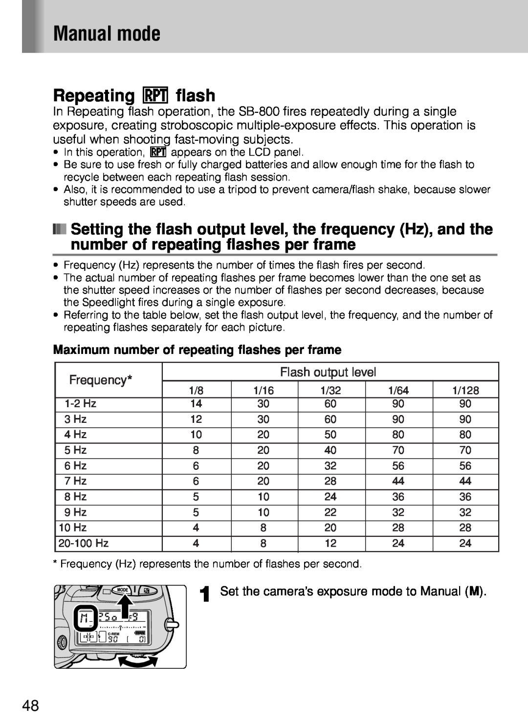 Nikon SB-800 instruction manual Repeating q flash, Manual mode, Maximum number of repeating flashes per frame 