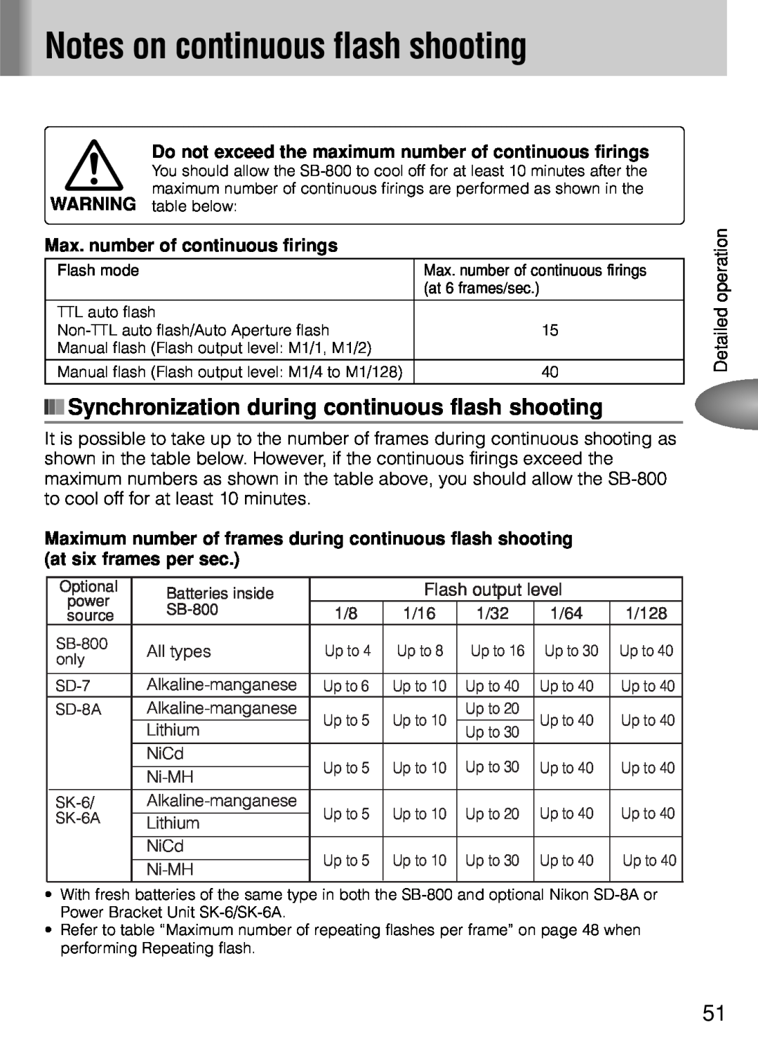 Nikon SB-800 instruction manual Notes on continuous flash shooting, Synchronization during continuous flash shooting 