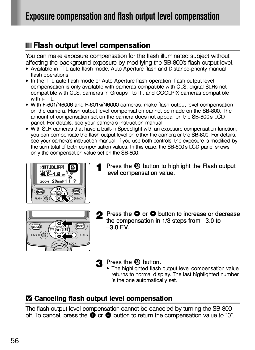 Nikon SB-800 instruction manual Exposure compensation and flash output level compensation, Flash output level compensation 