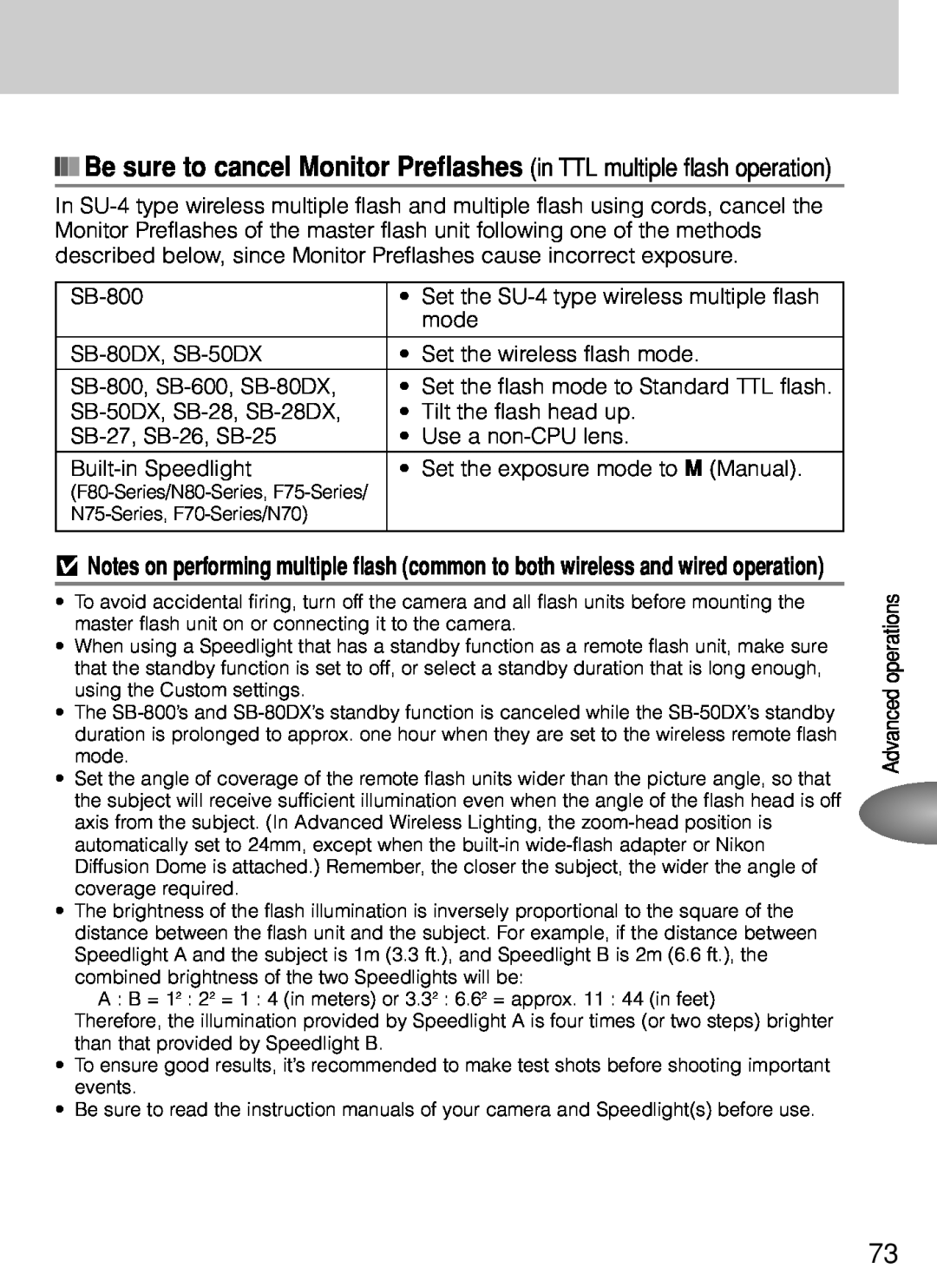 Nikon SB-800 instruction manual Be sure to cancel Monitor Preflashes in TTL multiple flash operation 