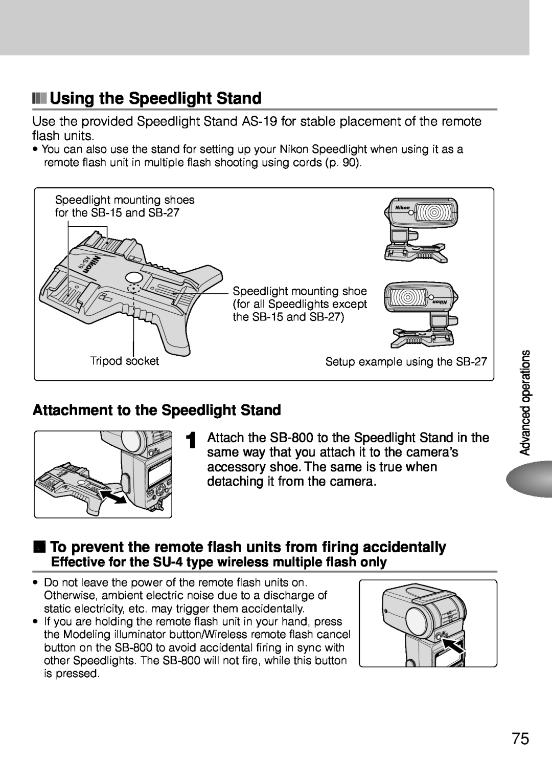 Nikon SB-800 instruction manual Using the Speedlight Stand, Attachment to the Speedlight Stand, Advanced operations 