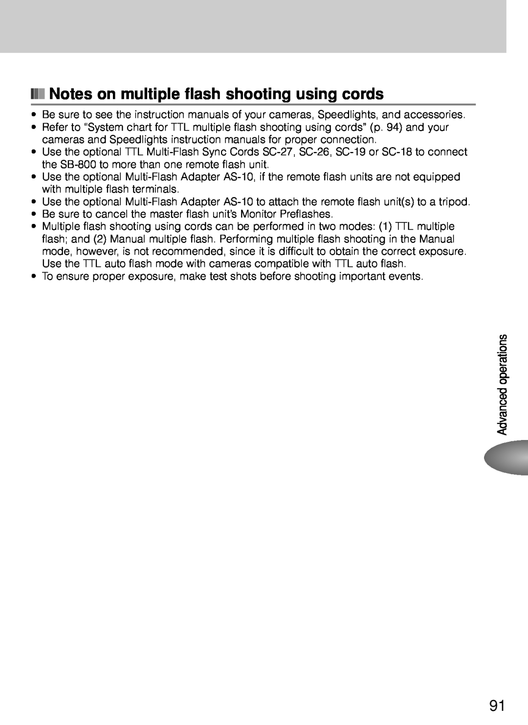 Nikon SB-800 instruction manual Notes on multiple flash shooting using cords, Advanced operations 