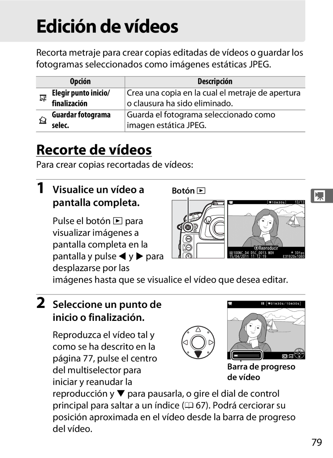 Nikon SB1L01 manual Edición de vídeos, Recorte de vídeos, Visualice un vídeo a, Pantalla completa 