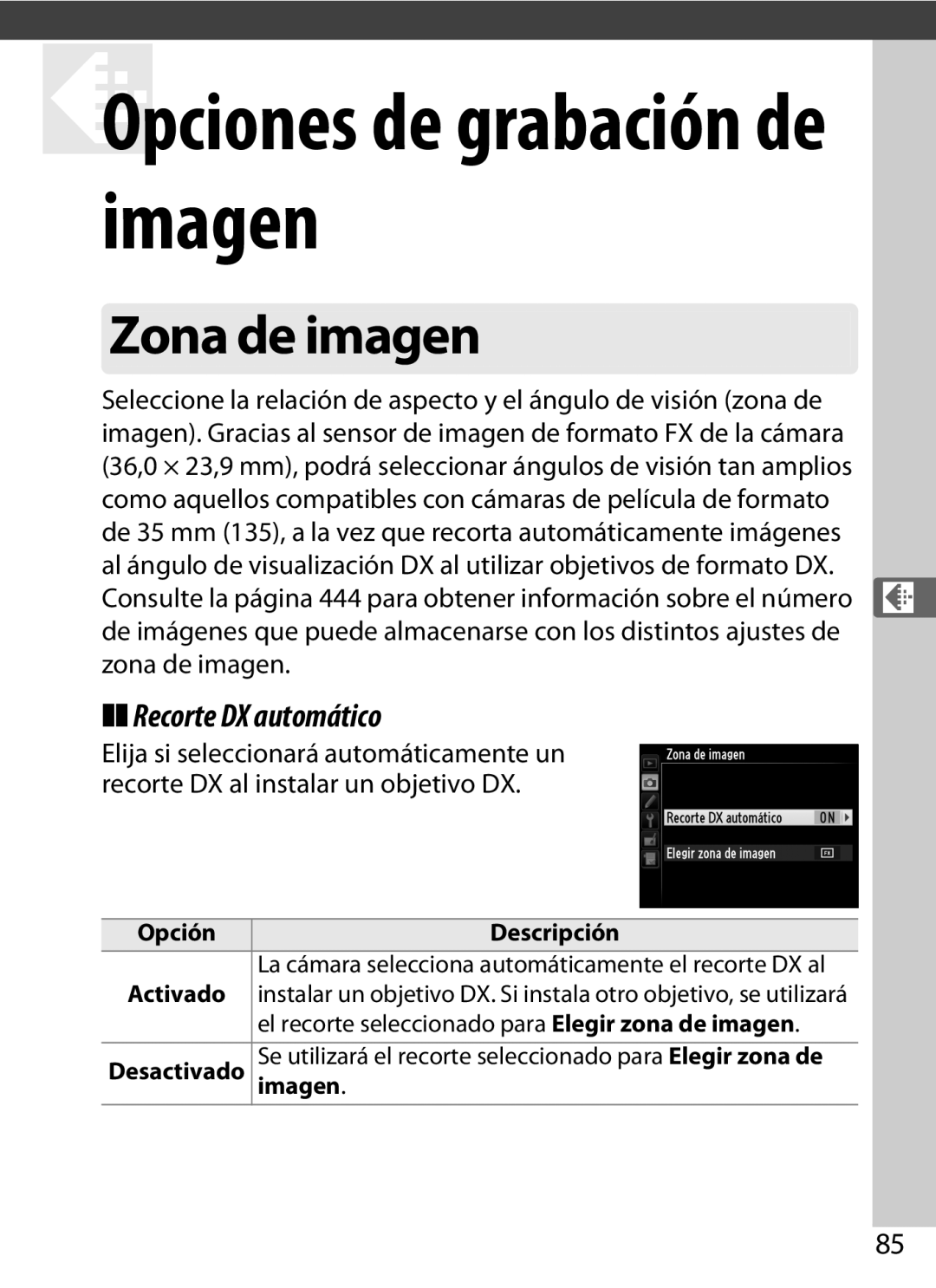 Nikon SB1L01 manual Zona de imagen, Recorte DX automático, El recorte seleccionado para Elegir zona de imagen, Imagen 