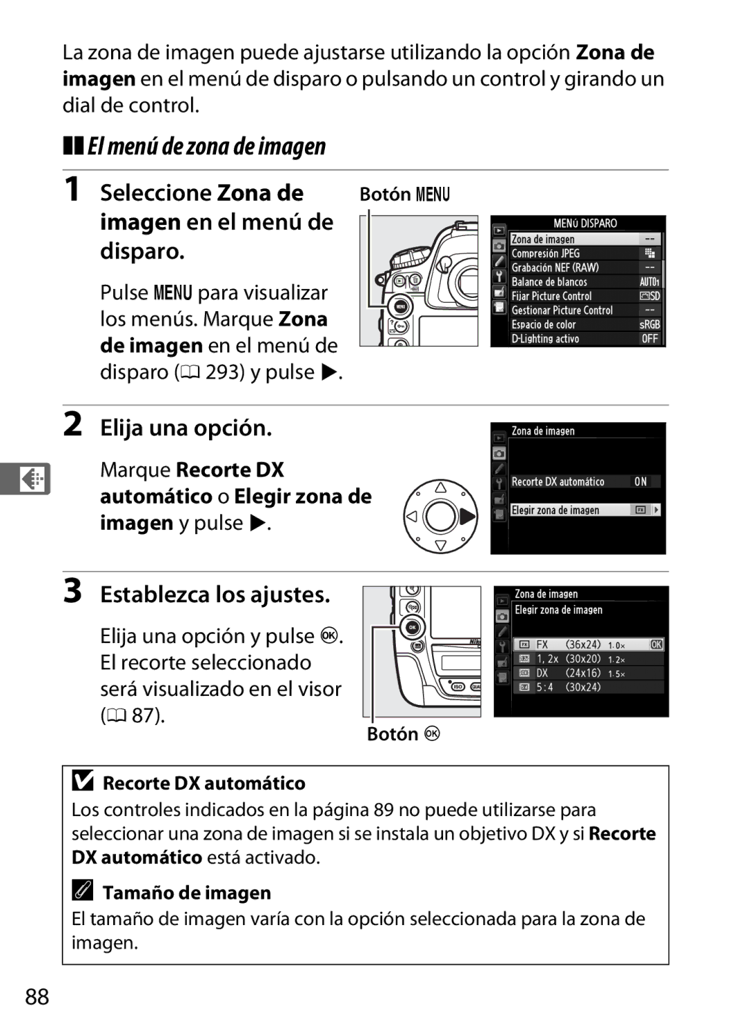 Nikon SB1L01 manual El menú de zona de imagen, Seleccione Zona de, Imagen en el menú de Disparo, Elija una opción 