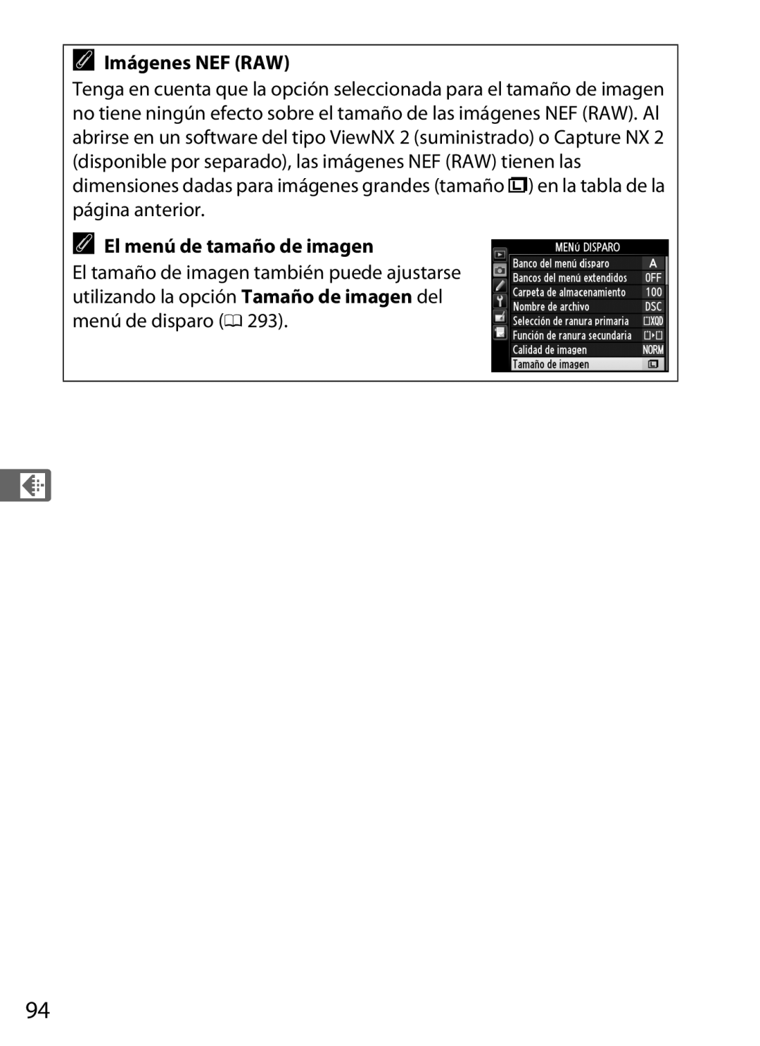 Nikon SB1L01 manual Imágenes NEF RAW, El menú de tamaño de imagen 