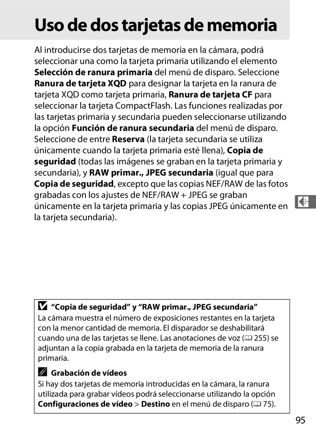 Nikon SB1L01 manual Uso de dos tarjetas de memoria, Copia de seguridad y RAW primar., Jpeg secundaria 