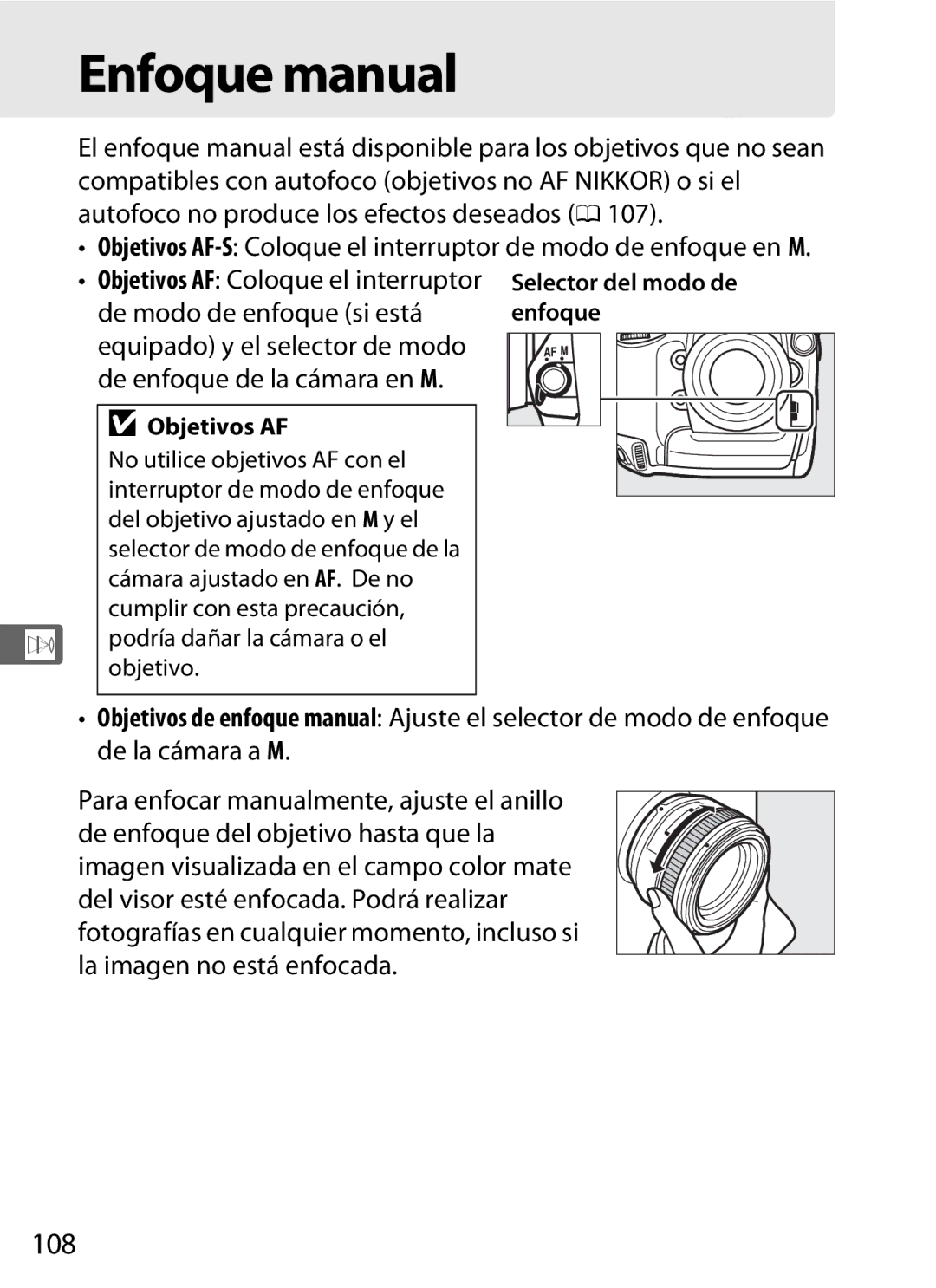 Nikon SB1L01 Enfoque manual, 108, Objetivos AF 