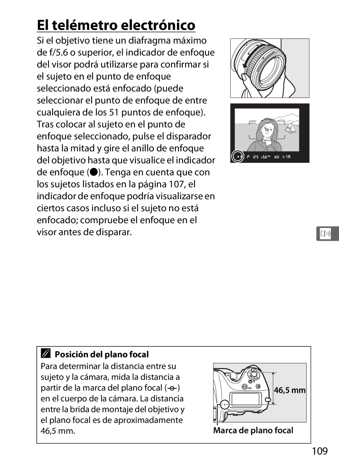 Nikon SB1L01 manual El telémetro electrónico, 109, Posición del plano focal, Marca de plano focal 