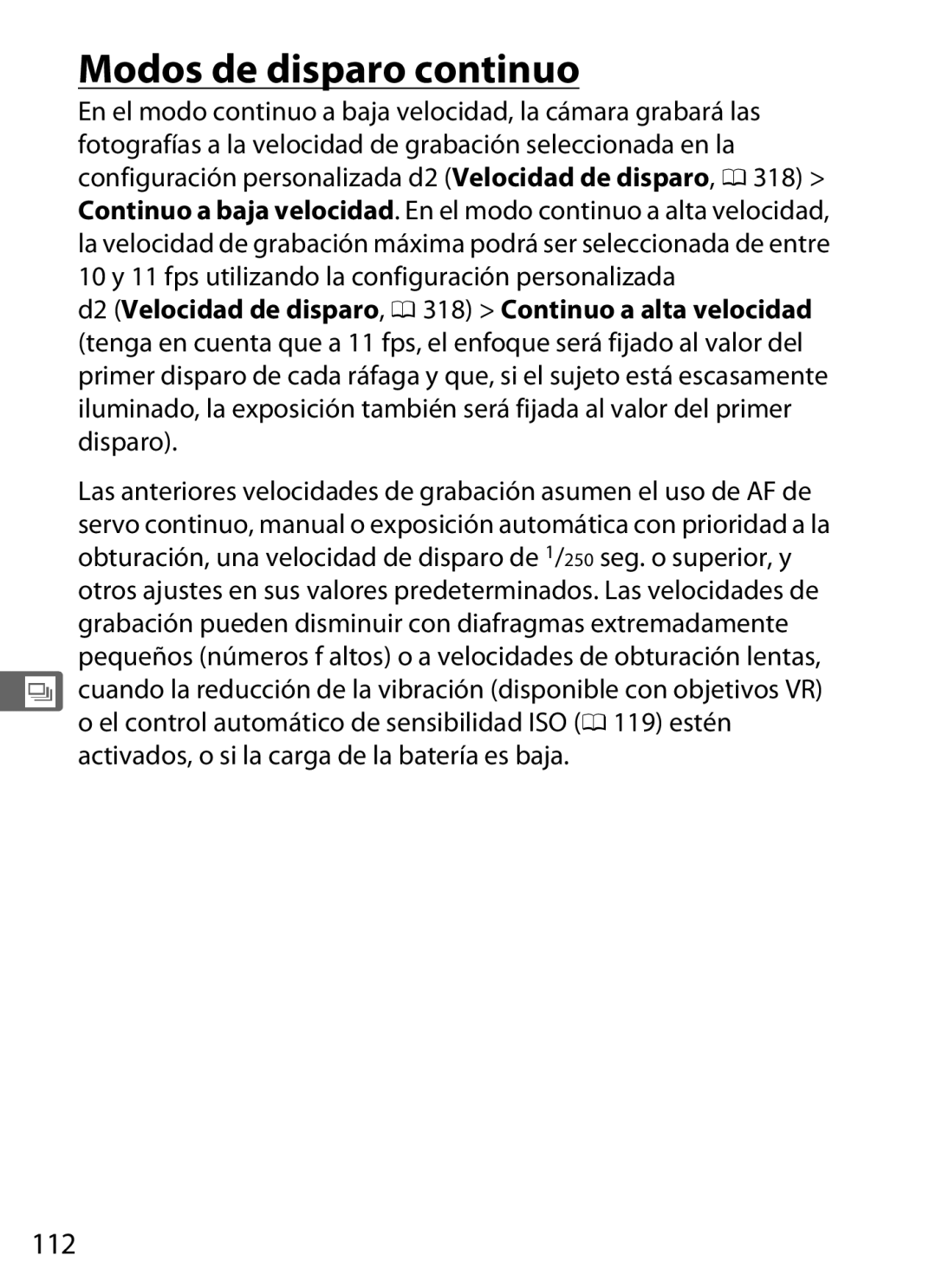 Nikon SB1L01 manual Modos de disparo continuo, 112 