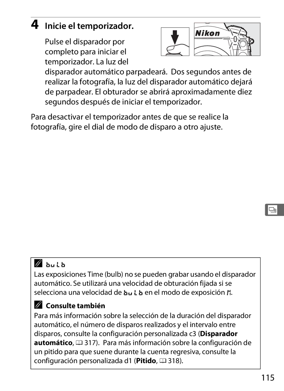 Nikon SB1L01 manual Inicie el temporizador, 115 