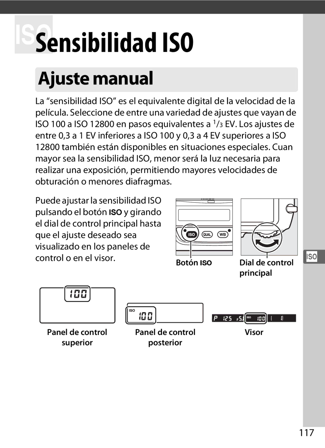 Nikon SB1L01 Ajuste manual, 117, Botón S Dial de control Principal 