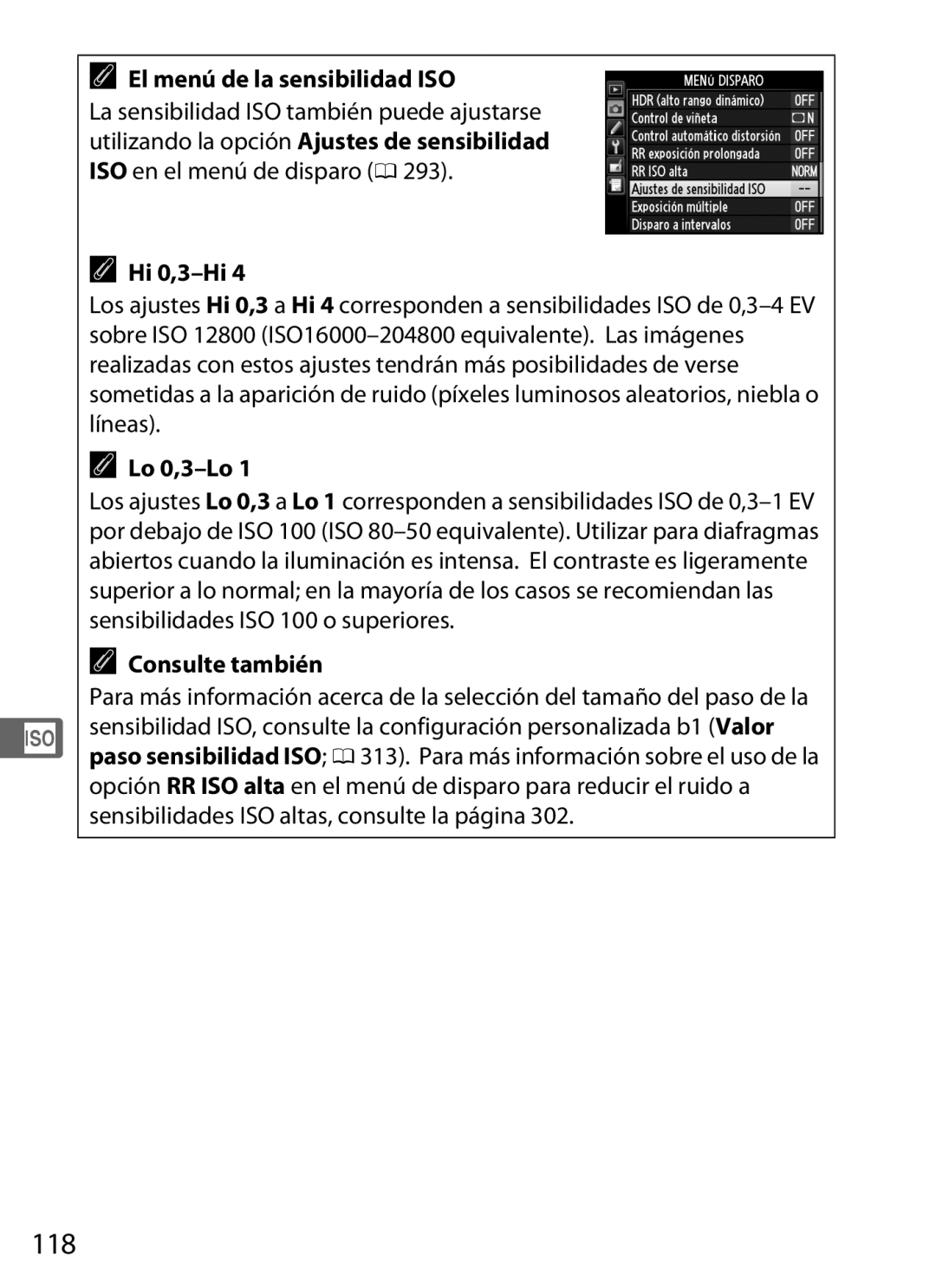 Nikon SB1L01 manual 118, El menú de la sensibilidad ISO, Hi 0,3-Hi, Lo 0,3-Lo 